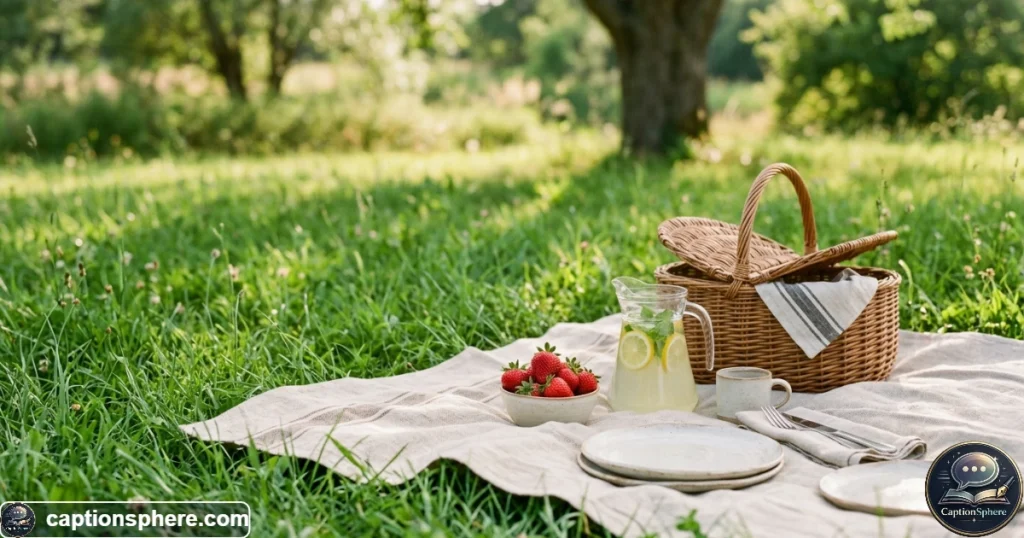 Minimal picnic blanket with fruit and drinks in soft afternoon sunlight