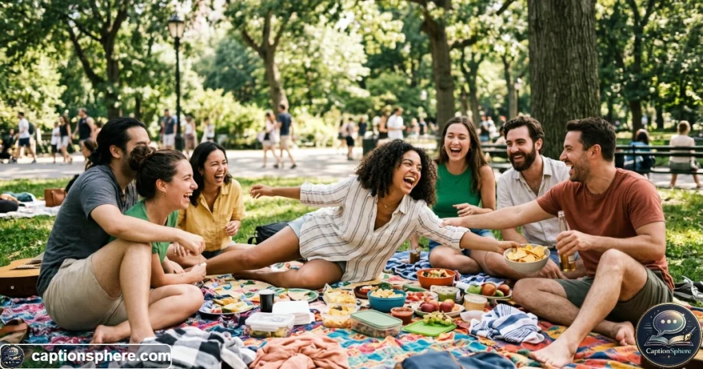 Friends laughing while reaching for snacks during a casual picnic