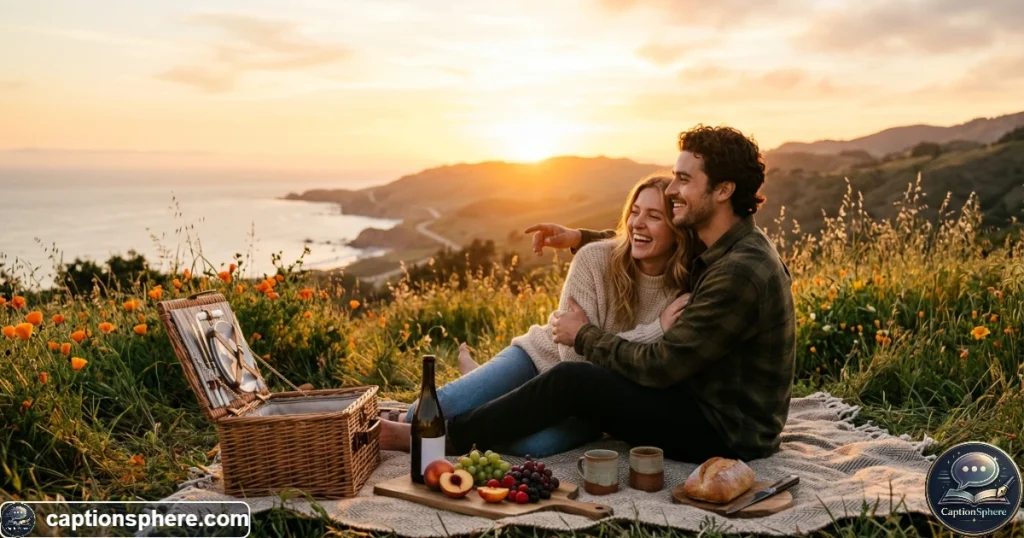Couple sharing a romantic picnic beneath a warm sunset sky