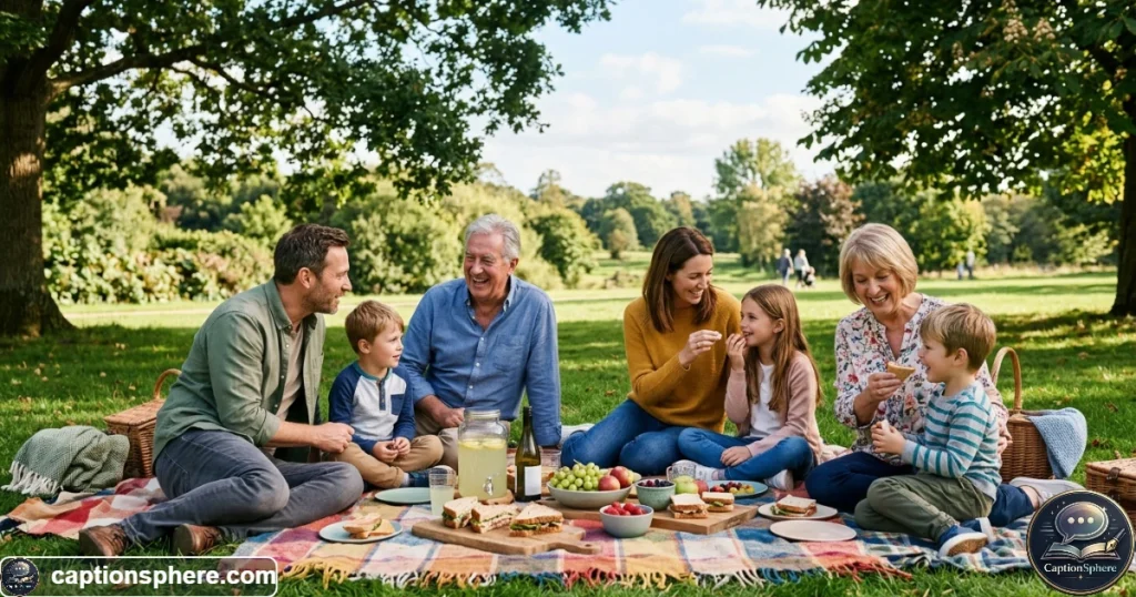 Family enjoying food and conversation together during a sunny park picnic