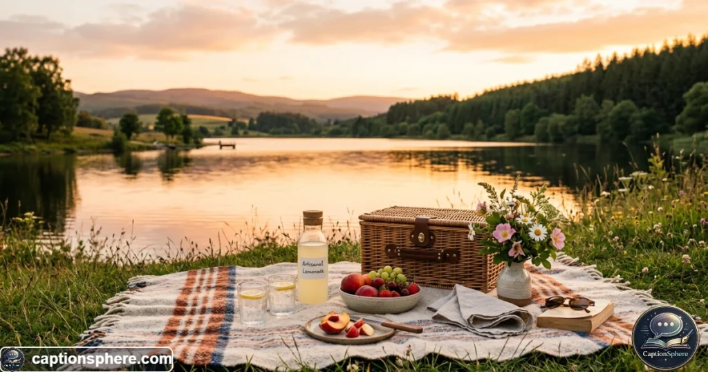 Picnic blanket and basket overlooking water during a golden sunset