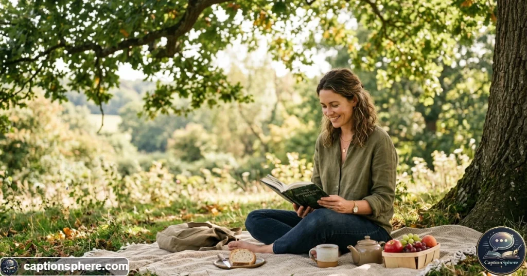 Woman relaxing alone on a picnic blanket with a book and fruit