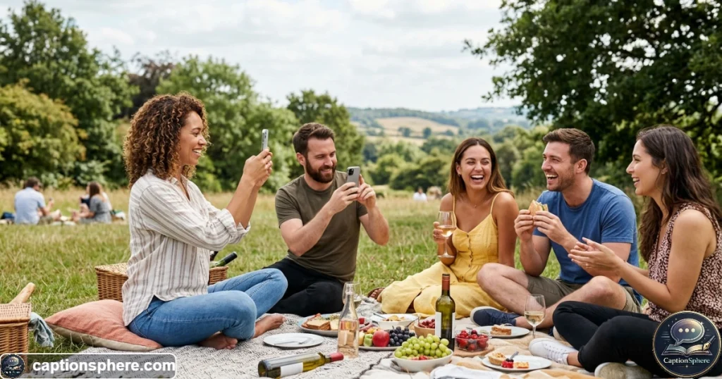 Friends taking casual photos and videos during an outdoor picnic