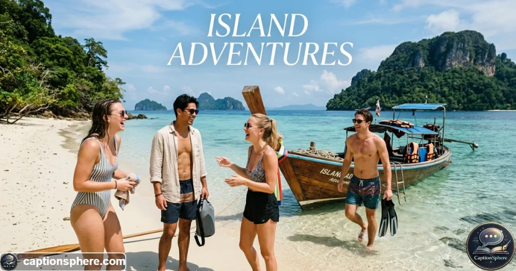 Group of friends enjoying a carefree tropical island boat and beach adventure