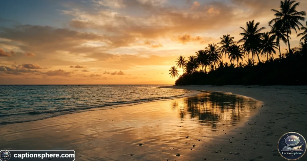 Tropical island shoreline glowing under warm golden sunset light