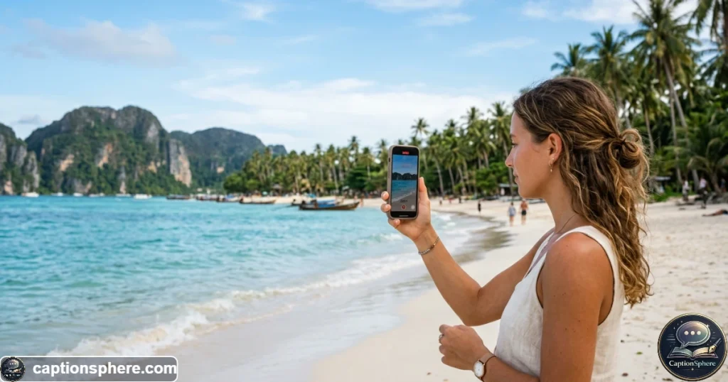 Traveler filming a tropical island beach moment with a smartphone for social media
