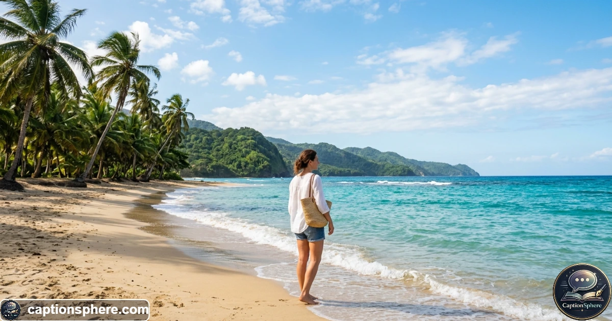 Tropical Jamaica beach with turquoise water, palm trees, and traveler enjoying the island view