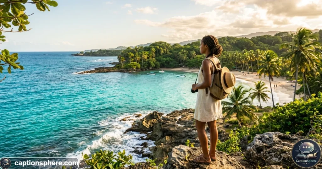 Traveler enjoying a sunny Jamaican coastline with turquoise water and tropical scenery