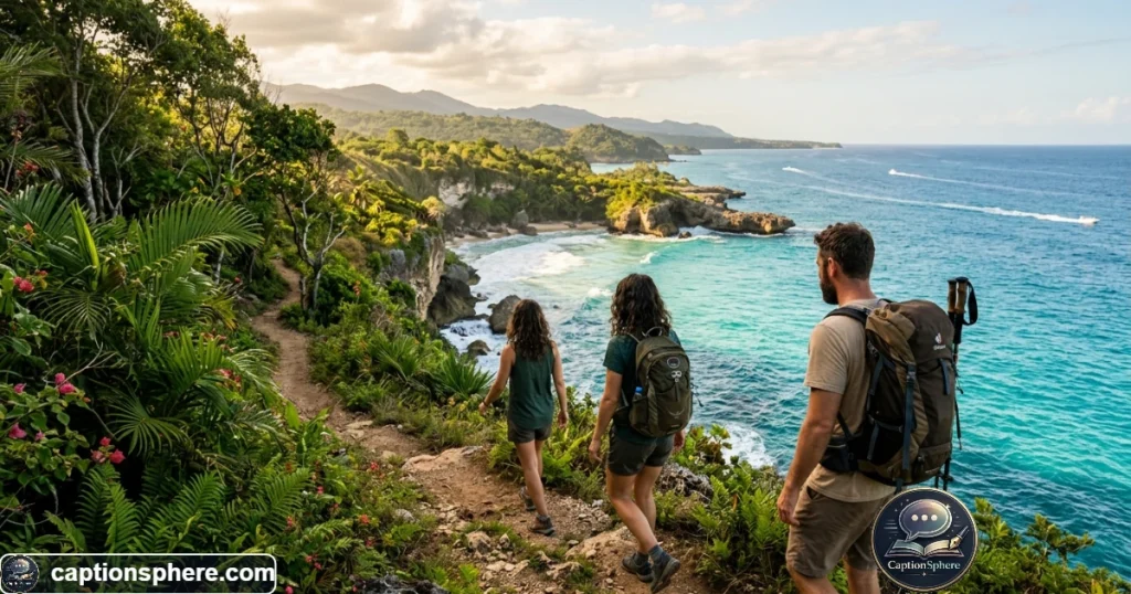 Travelers exploring a scenic Jamaican coastline during a sunny island vacation
