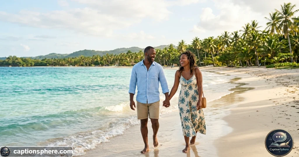 Couple walking together along a sunny Jamaican beach during a tropical vacation