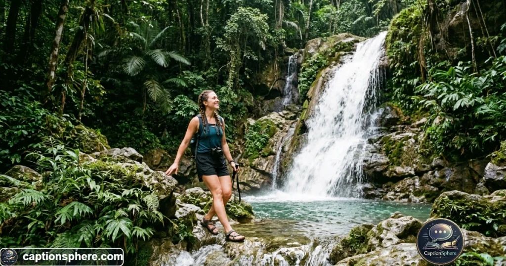 Traveler exploring a lush Jamaican waterfall surrounded by tropical greenery