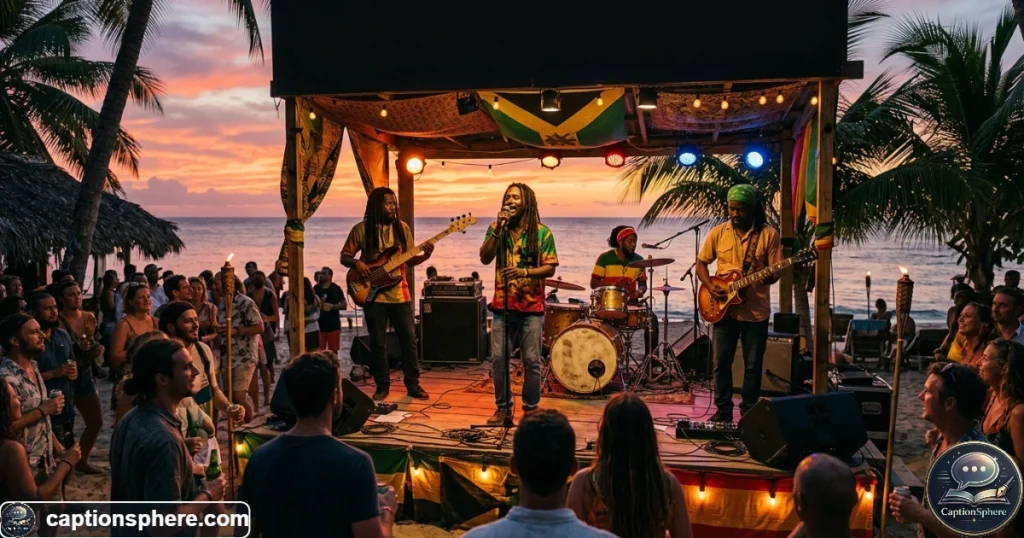Live reggae music performance in Jamaica with musicians and relaxed evening crowd