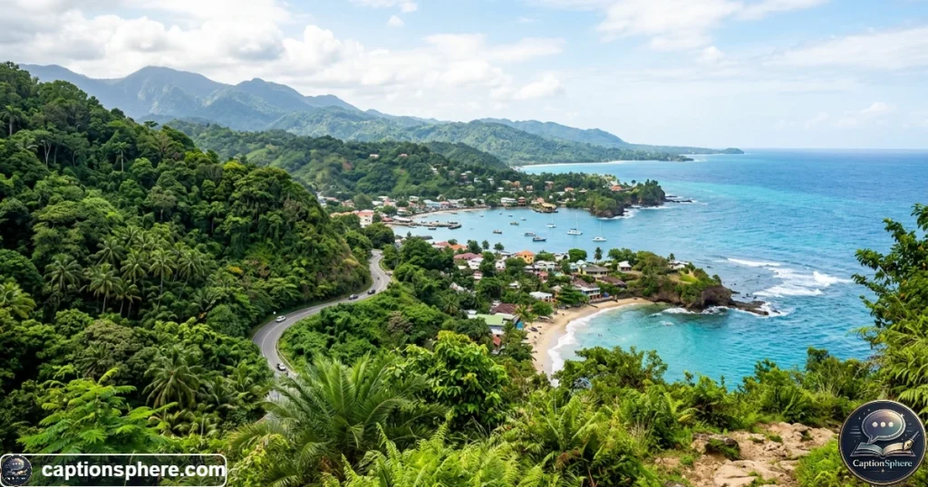 Scenic Jamaican coastal destination with tropical hills, blue water, and relaxed travel atmosphere