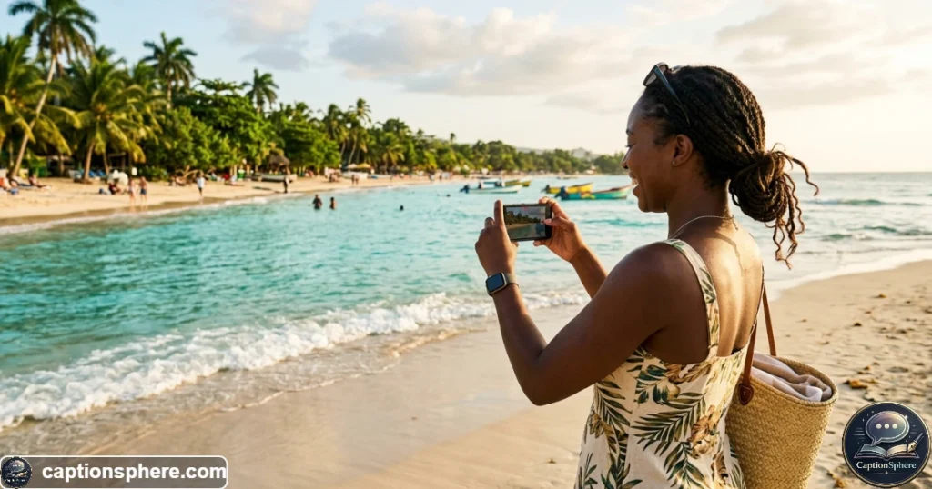 Traveler filming a Jamaican beach vacation with a smartphone near turquoise Caribbean water