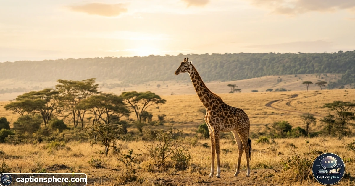 Tall giraffe standing in a golden savanna landscape beneath a bright African sky