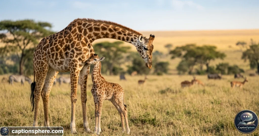 Young baby giraffe standing beside its mother in a natural savanna landscape