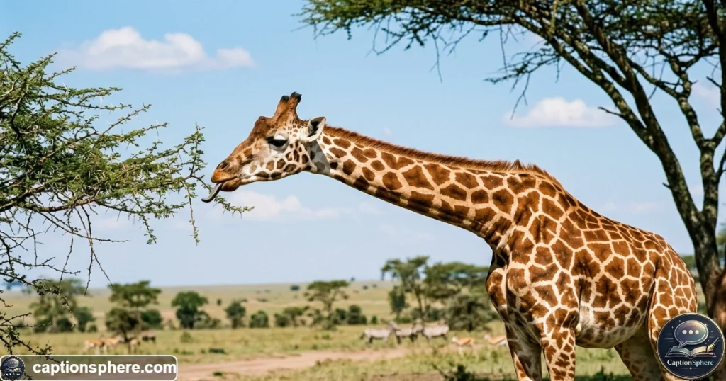 Giraffe stretching its long neck toward fresh leaves on an acacia tree