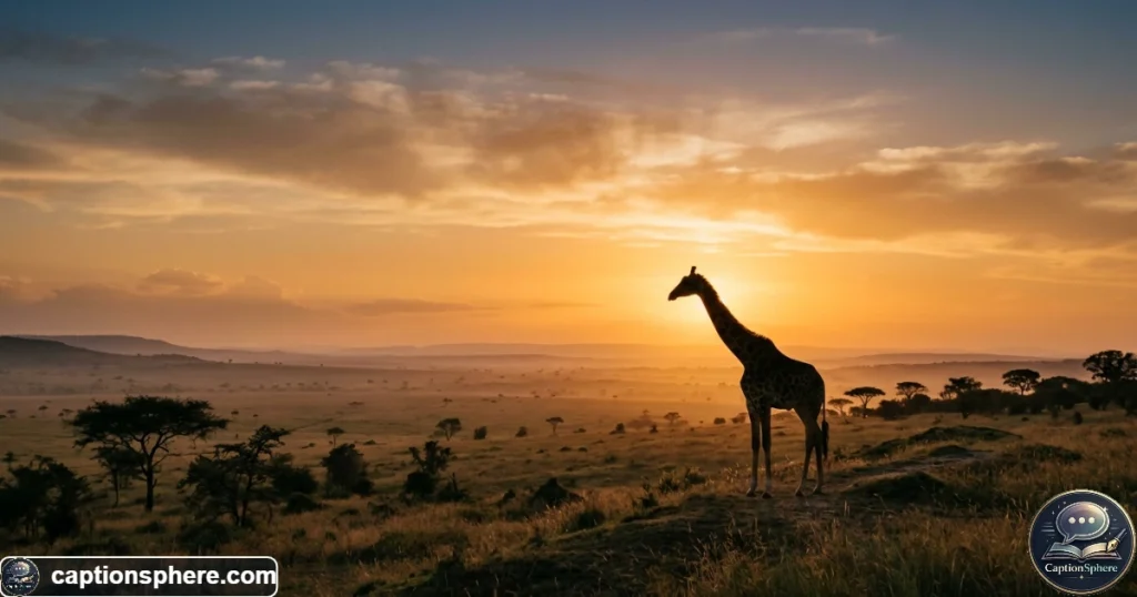 Giraffe silhouette against a warm golden sunset over the African savanna