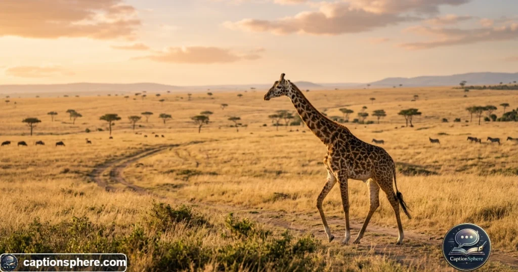 Giraffe walking across golden savanna during an African safari