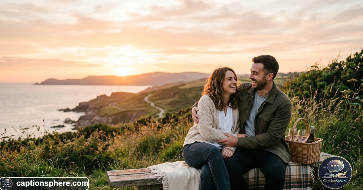 Young couple smiling together during a warm sunset for an Instagram post