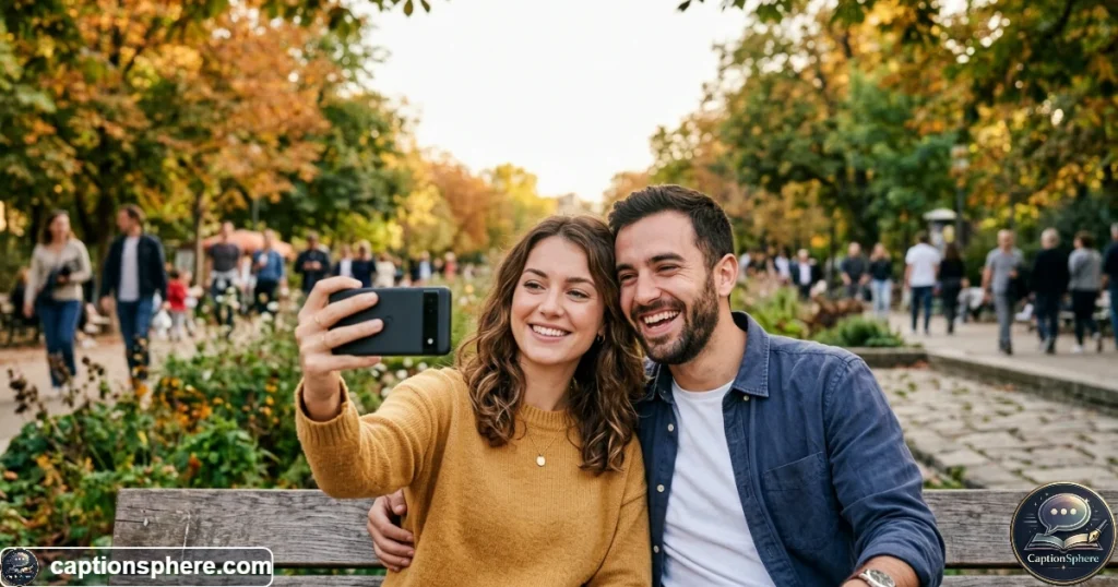Happy couple taking a casual selfie together outdoors in natural light