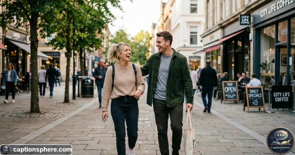 Young couple laughing together during a playful casual moment outdoors