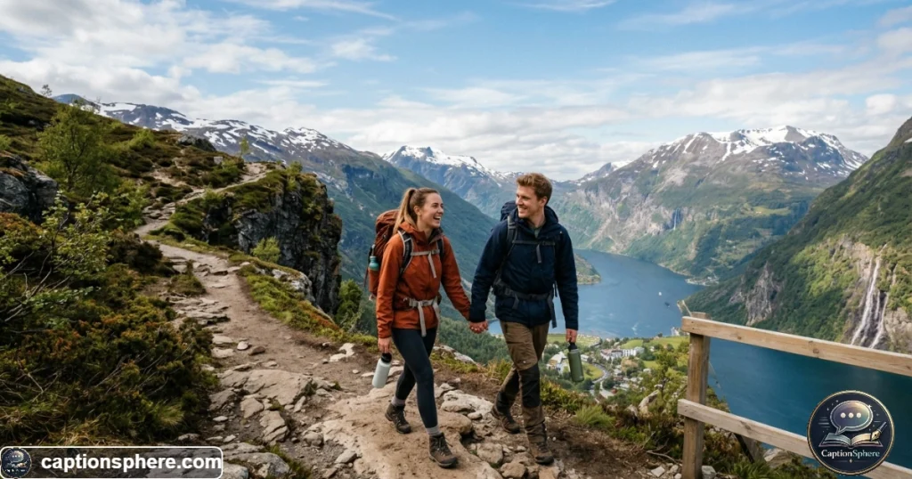 Couple exploring a scenic travel destination together during a sunny day