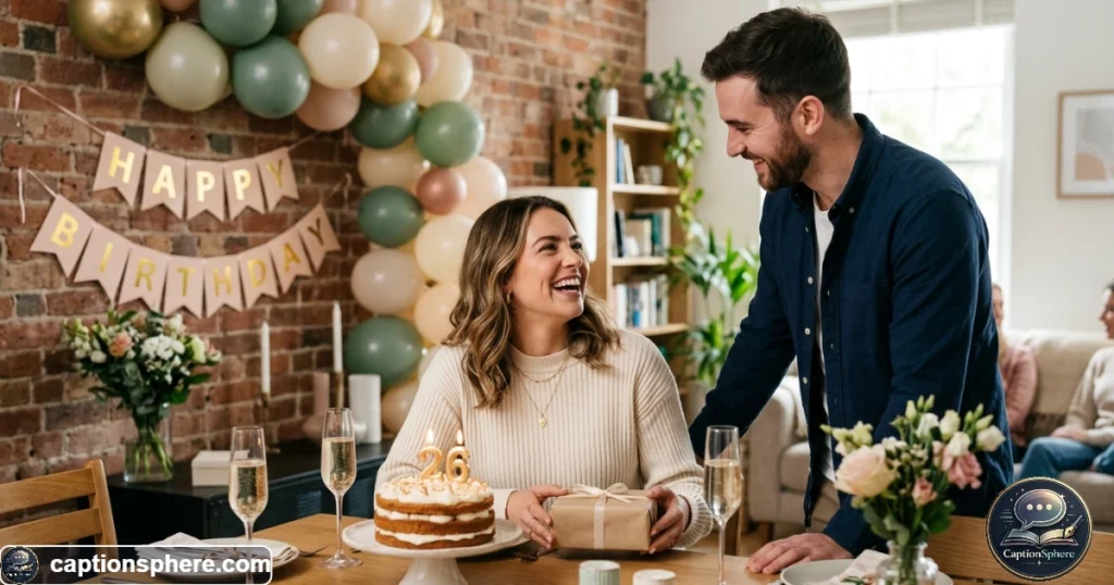 Young woman celebrating her birthday with balloons and a smiling partner nearby