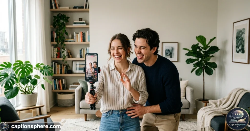 Young couple recording a playful Instagram Reel together using a smartphone