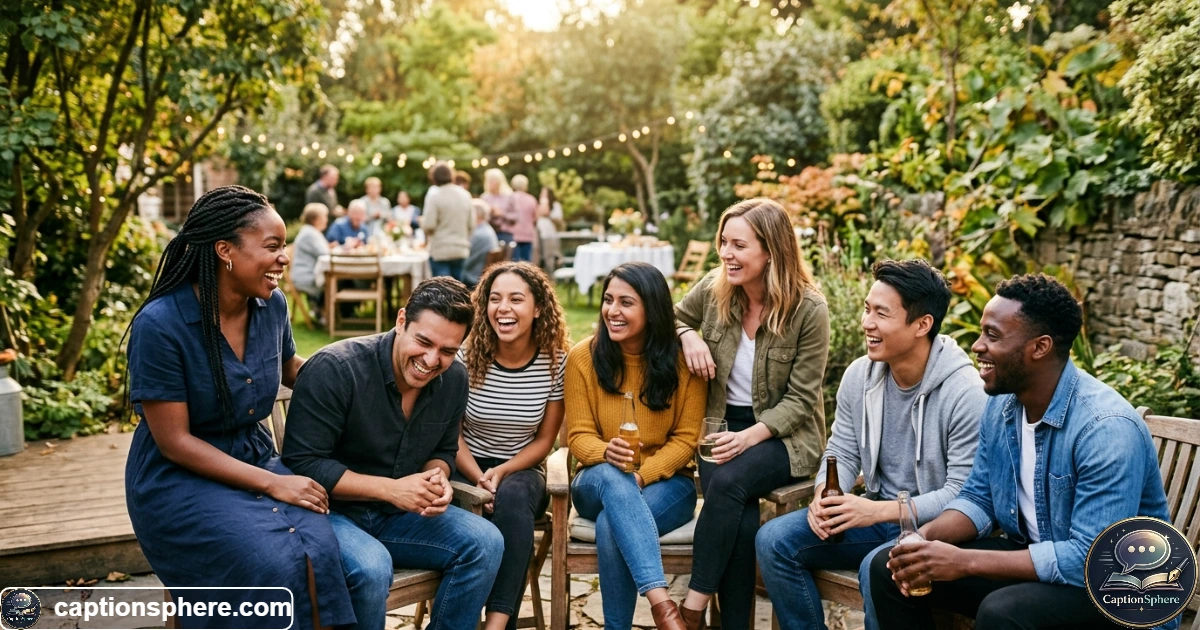 Happy cousins laughing together outdoors during a casual family gathering