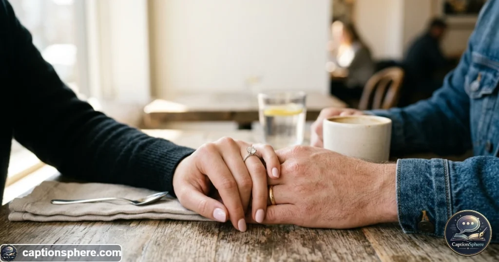Close-up engagement ring and hands creating a simple elegant announcement photo