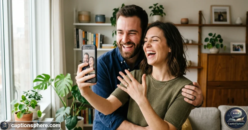Newly engaged couple laughing together in a playful candid selfie moment