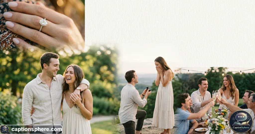 Collection-style engagement photography showing ring, couple, proposal, and celebration moments