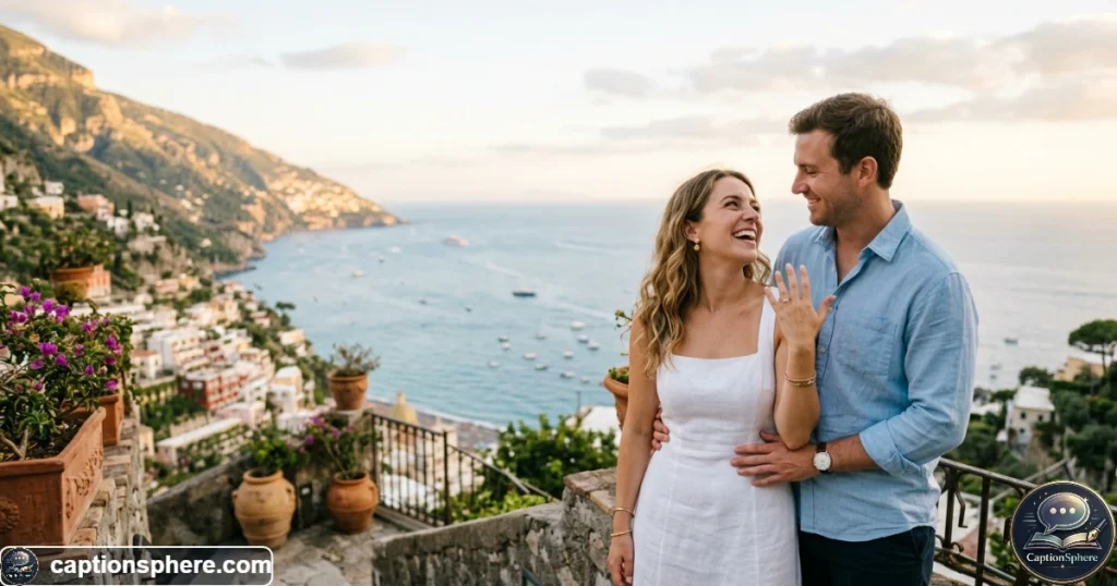 Engaged couple revisiting a meaningful place connected to their relationship story