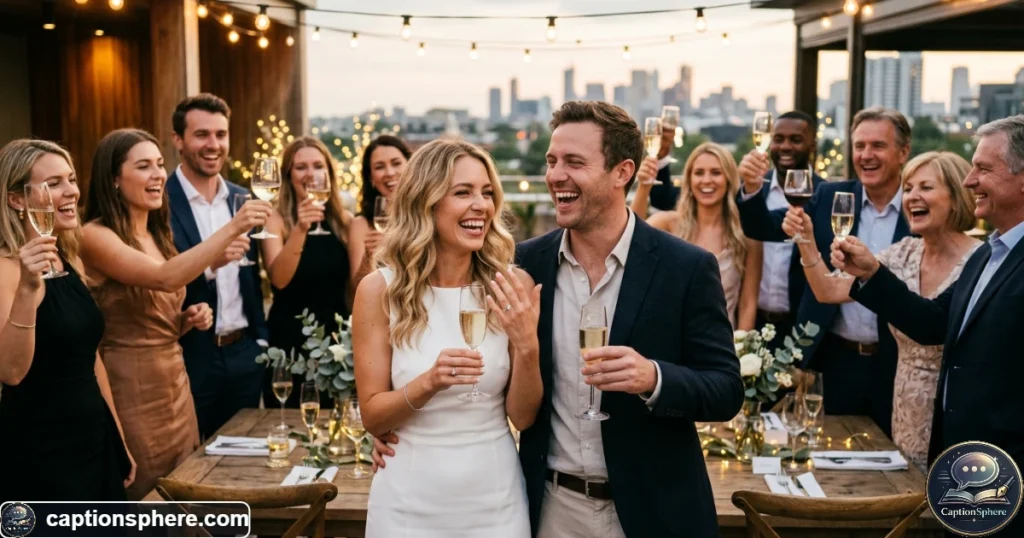 Engaged couple celebrating with friends and family at an elegant engagement party
