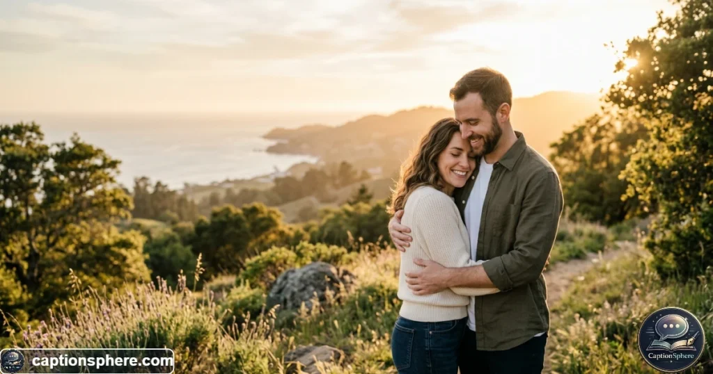 Romantic couple embracing during a warm golden-hour outdoor moment