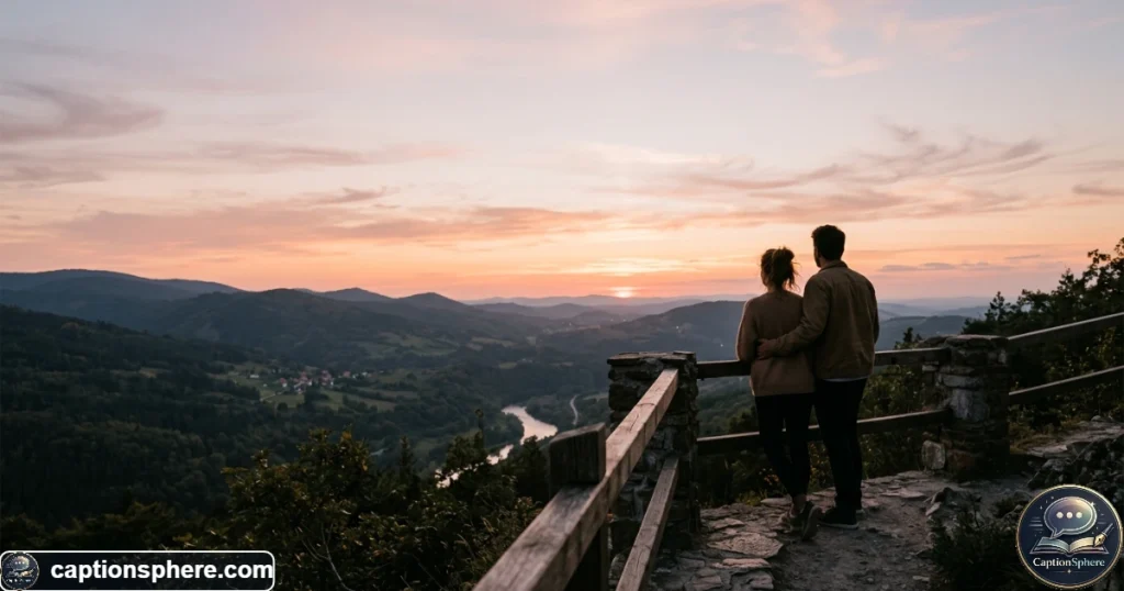 Couple watching a peaceful sunset in a soft atmospheric outdoor setting