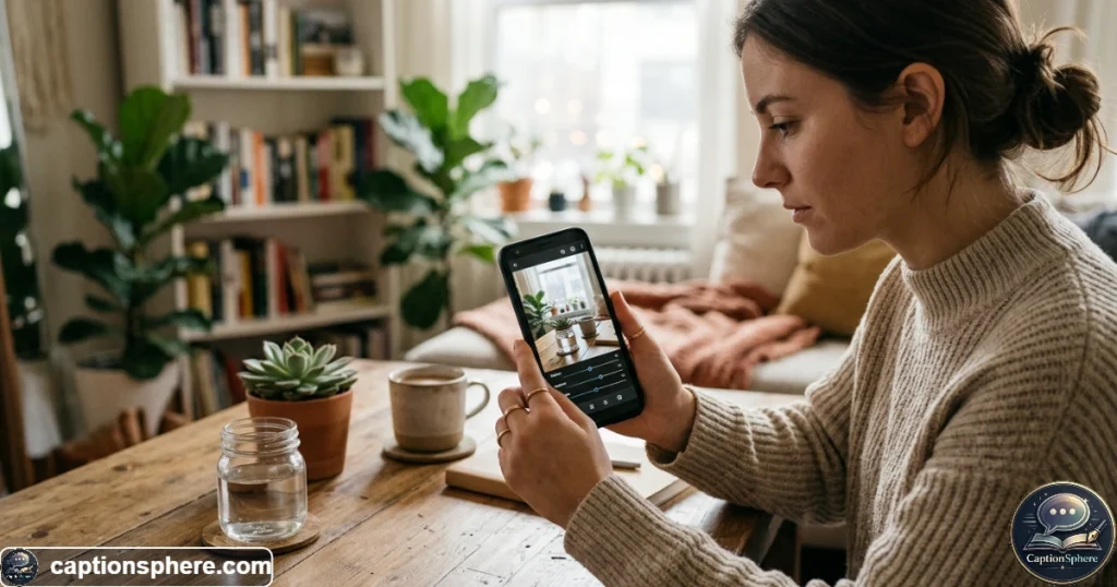 Person preparing a reflective social media photo after an emotional breakup
