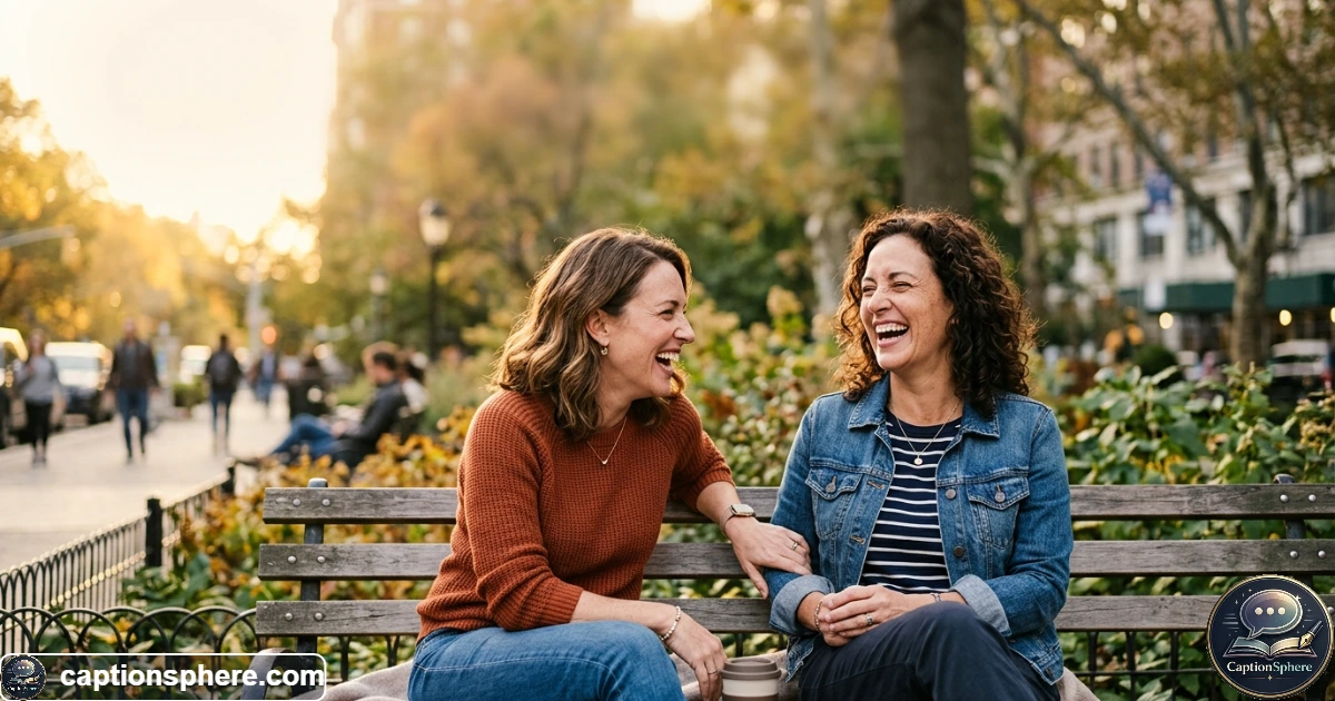 Two best friends laughing together outdoors while taking a casual photo