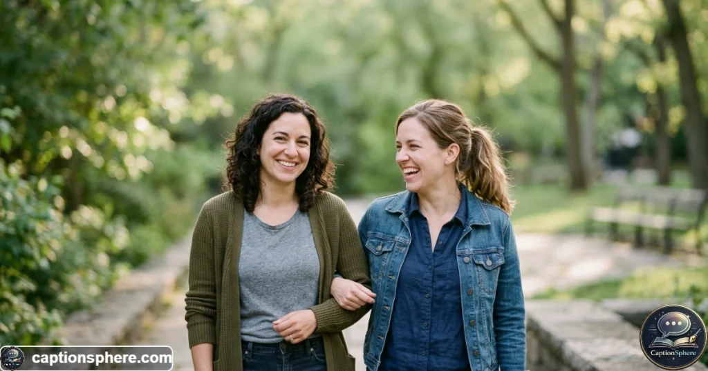 Close portrait of two best friends smiling naturally together outdoors