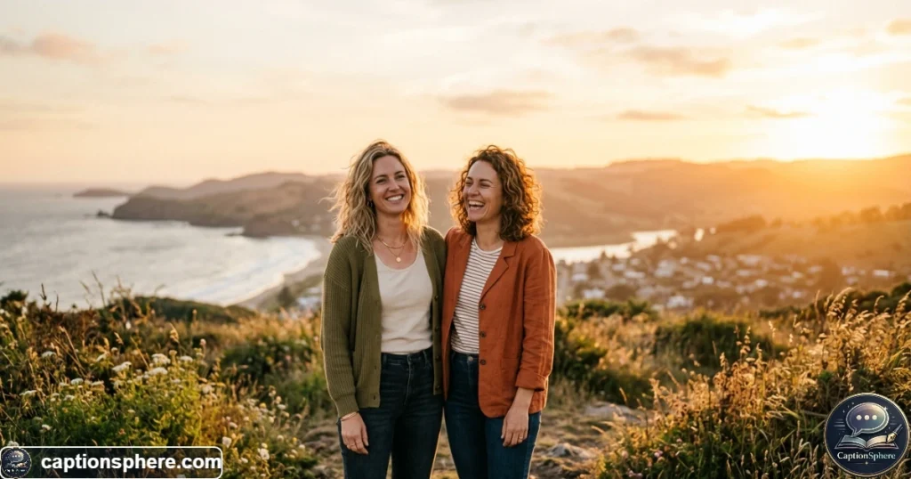 Two best friends enjoying a peaceful golden-hour moment outdoors