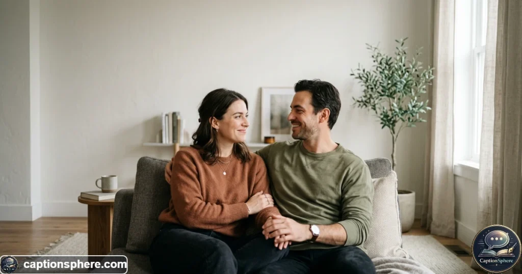 Couple sitting together in a quiet intimate moment with natural affectionate expressions