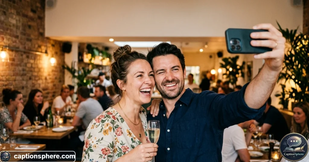 Couple taking a playful anniversary selfie together