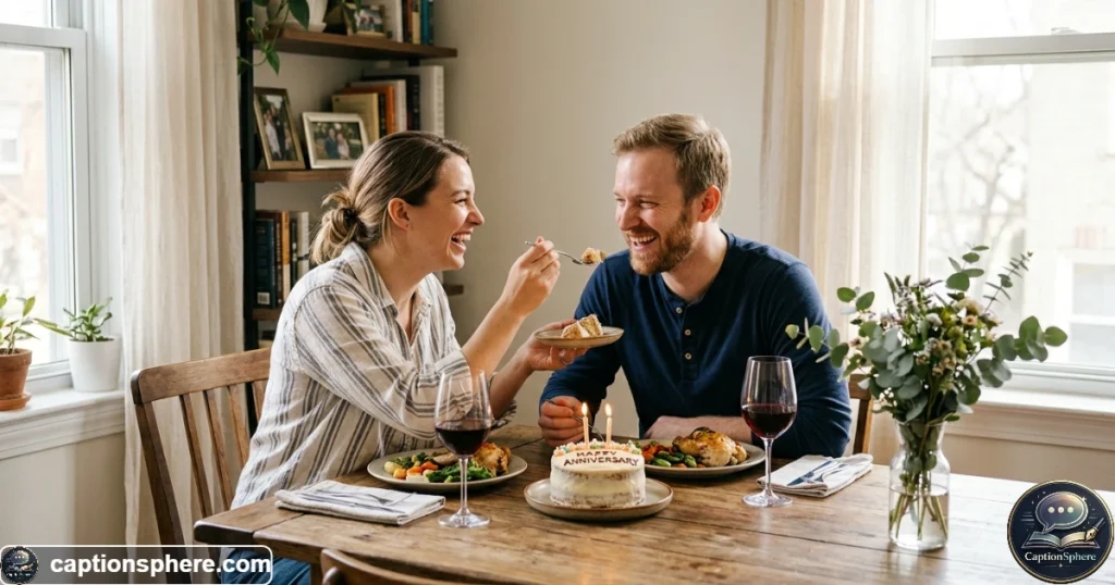 Wife playfully teasing her husband during an anniversary celebration