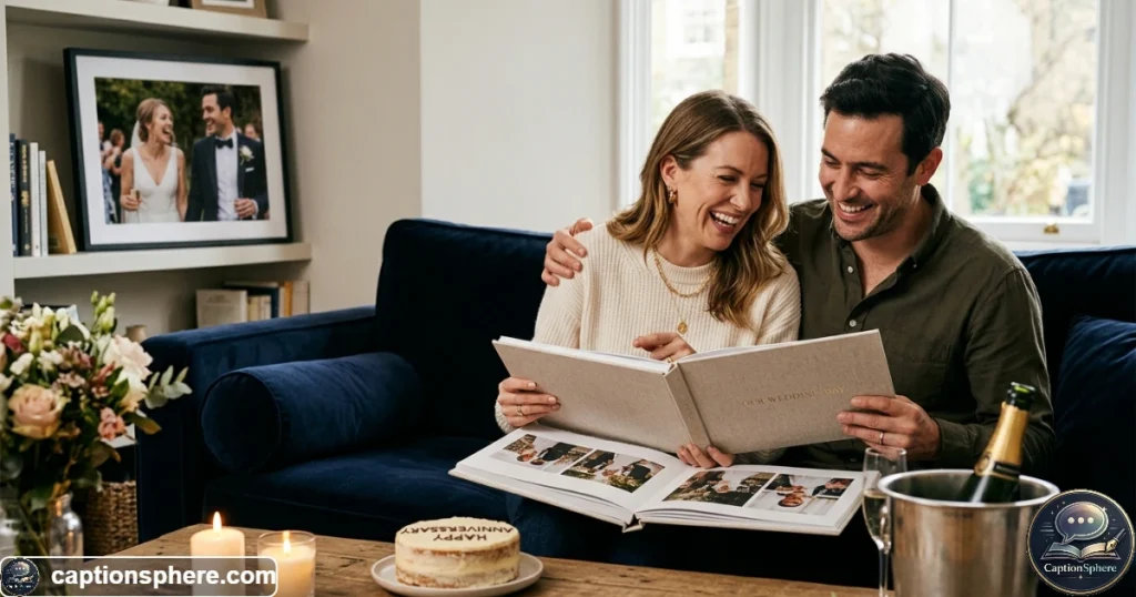 Married couple looking at their wedding photograph on their anniversary