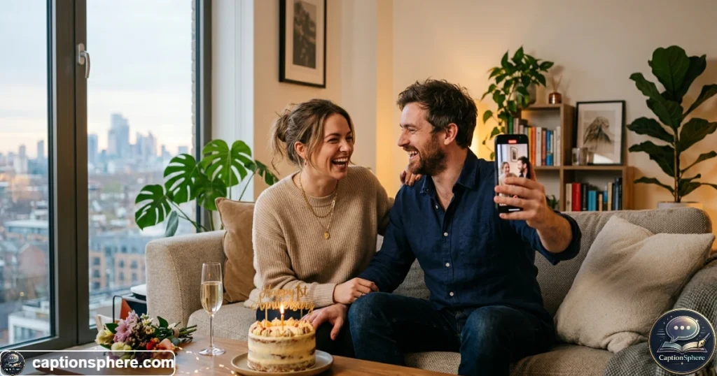 Couple recording a playful anniversary Reel together with a smartphone
