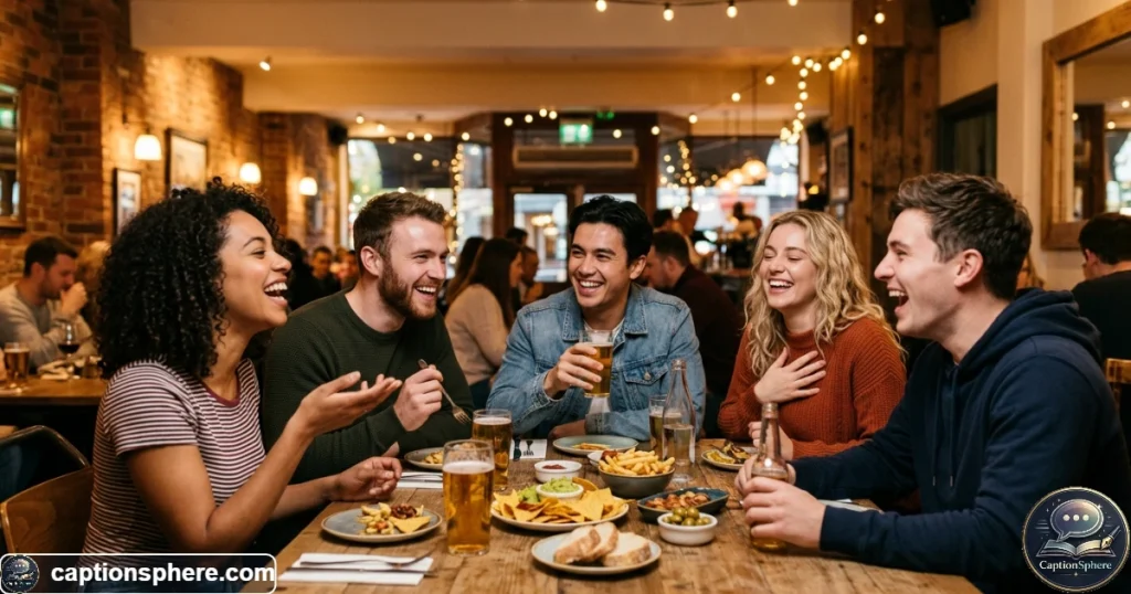 Friends laughing together around a casual restaurant table