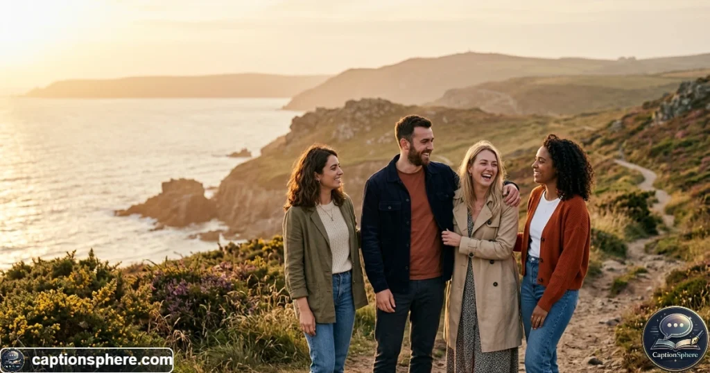 Friends enjoying golden hour together in a scenic outdoor setting