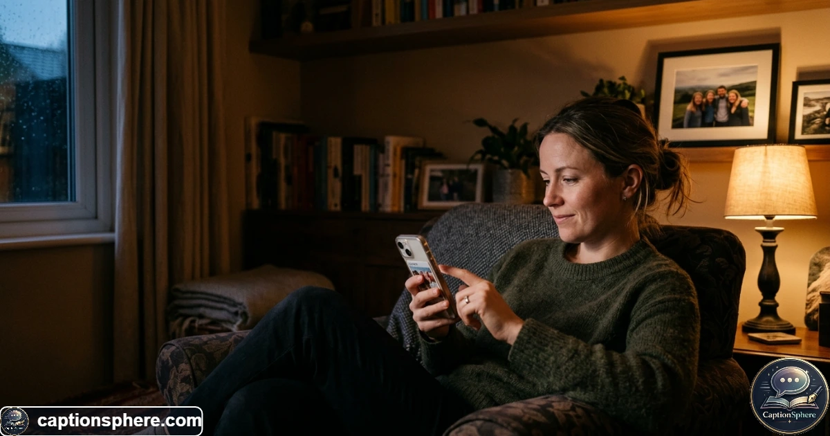 Person reflecting quietly while looking through meaningful memories on phone
