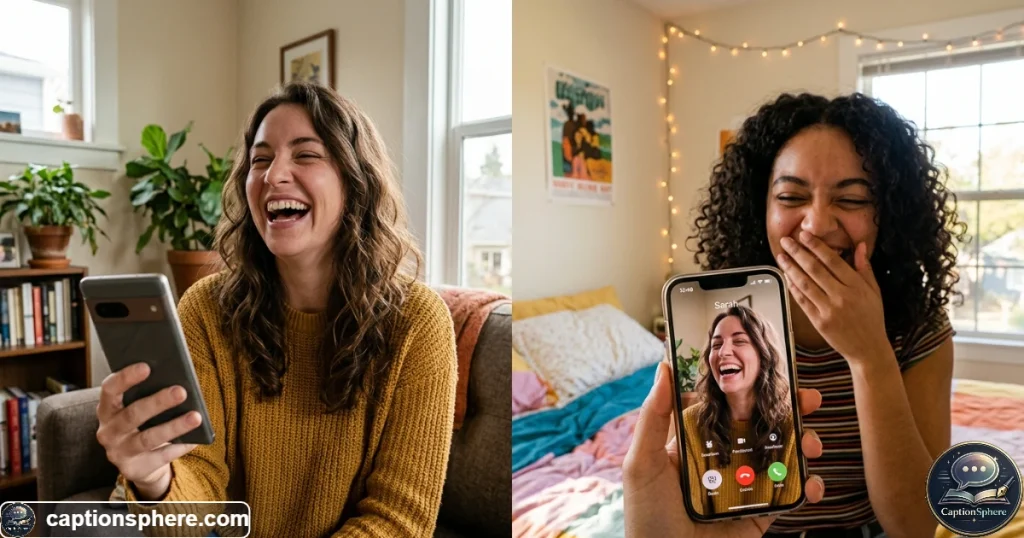 Two friends laughing during a playful video call from different places